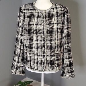 Adrianna Papell Black White Crewneck Plaid Blazer with Metallic Threading Size M